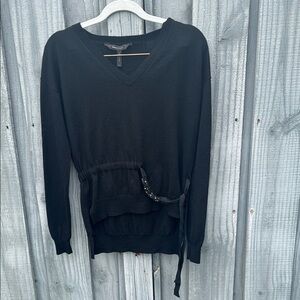 Black V-Neck Sweater with Waist Tie